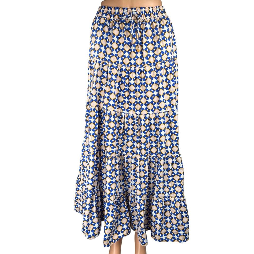 Zara Blue Yellow Argyle Tiered Peasant Gypsy Cottage Core Midi A Line Skirt Sz M